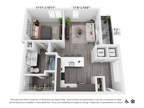 Floor plan for 1 bed, 1 bath, 736 sqft
